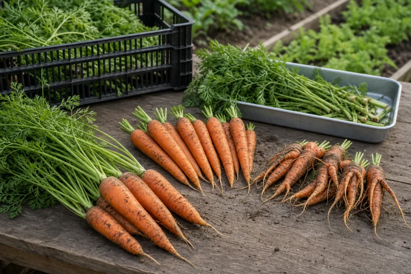 Carrots lifted from the bed for shoulder size and root shape checks before harvest