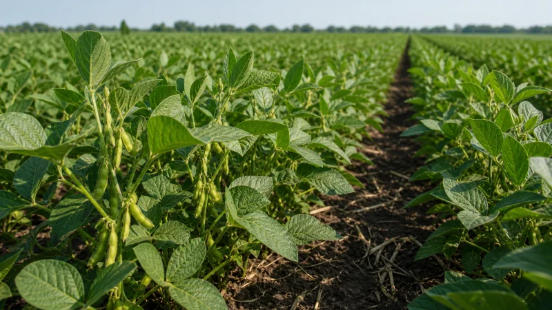Soybean field rows at pod-setting stage