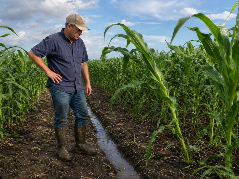 Grower checking a corn field after heavy rain