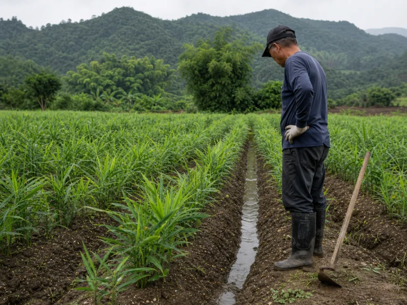 種植者在雨後查看生薑高畦之間的排水溝