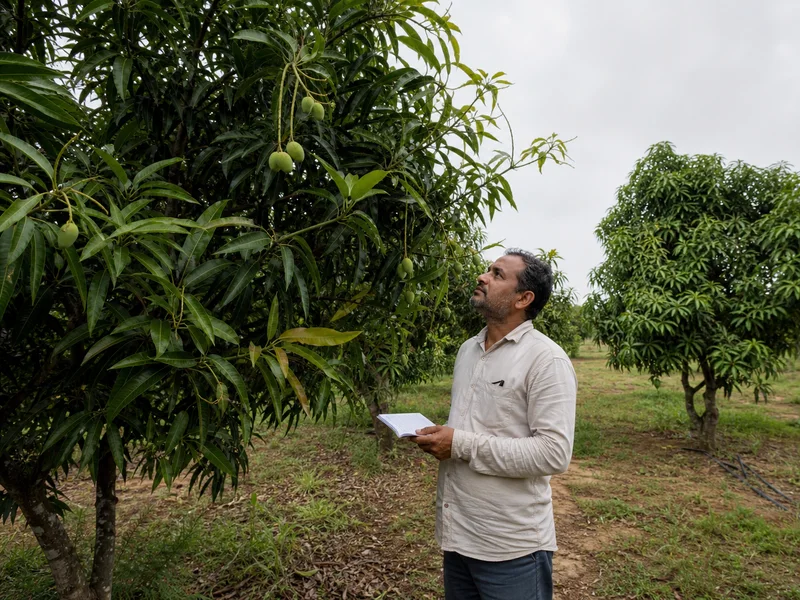 Grower recording observations beside a mango tree with developing fruit