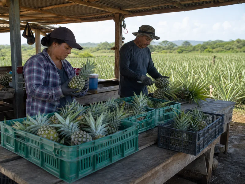 Farm workers sorting harvested pineapples under a simple field shade