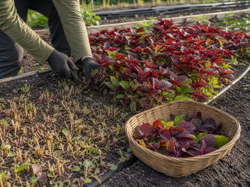 Gardener harvesting red amaranth from one strip of a raised bed