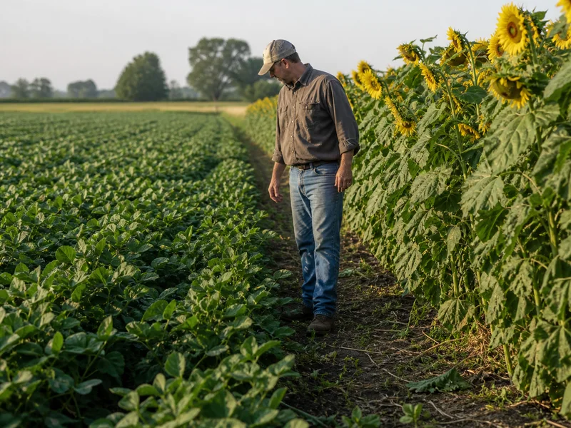 Grower checking the passable boundary between tall sunflowers and a low soybean crop