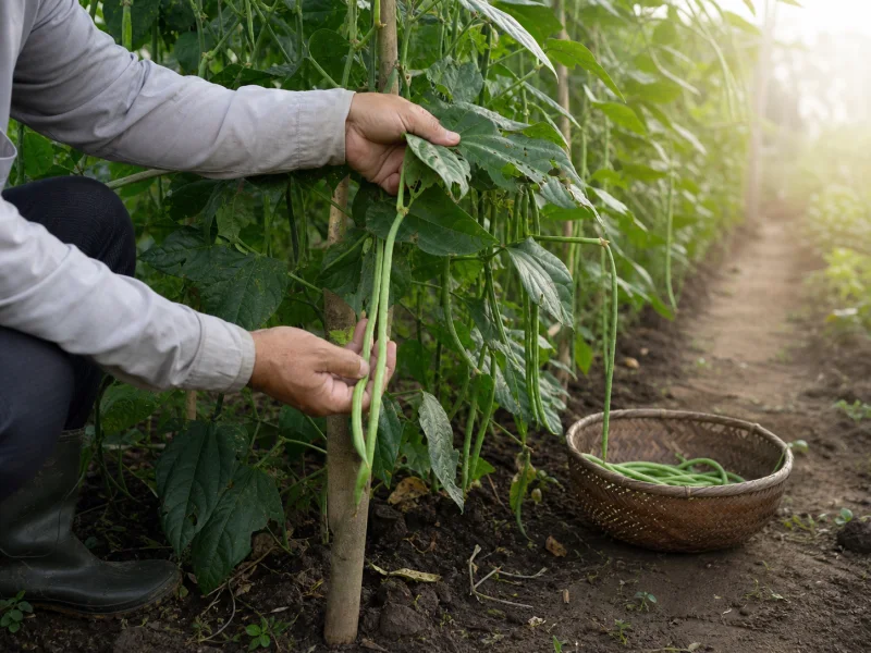 Grower checking tender yardlong bean pods in the open lower canopy